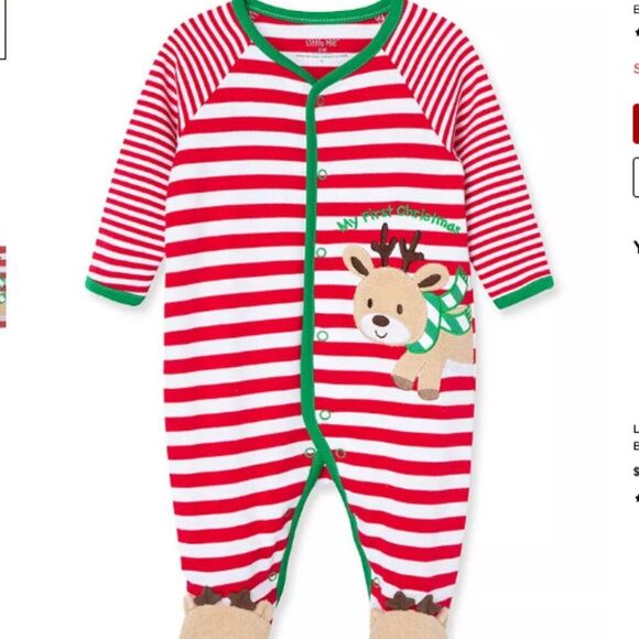 Little Me Red and White stripe Reindeer snap-front footie 1st Christmas NWT 6 m. - Picture 1 of 8